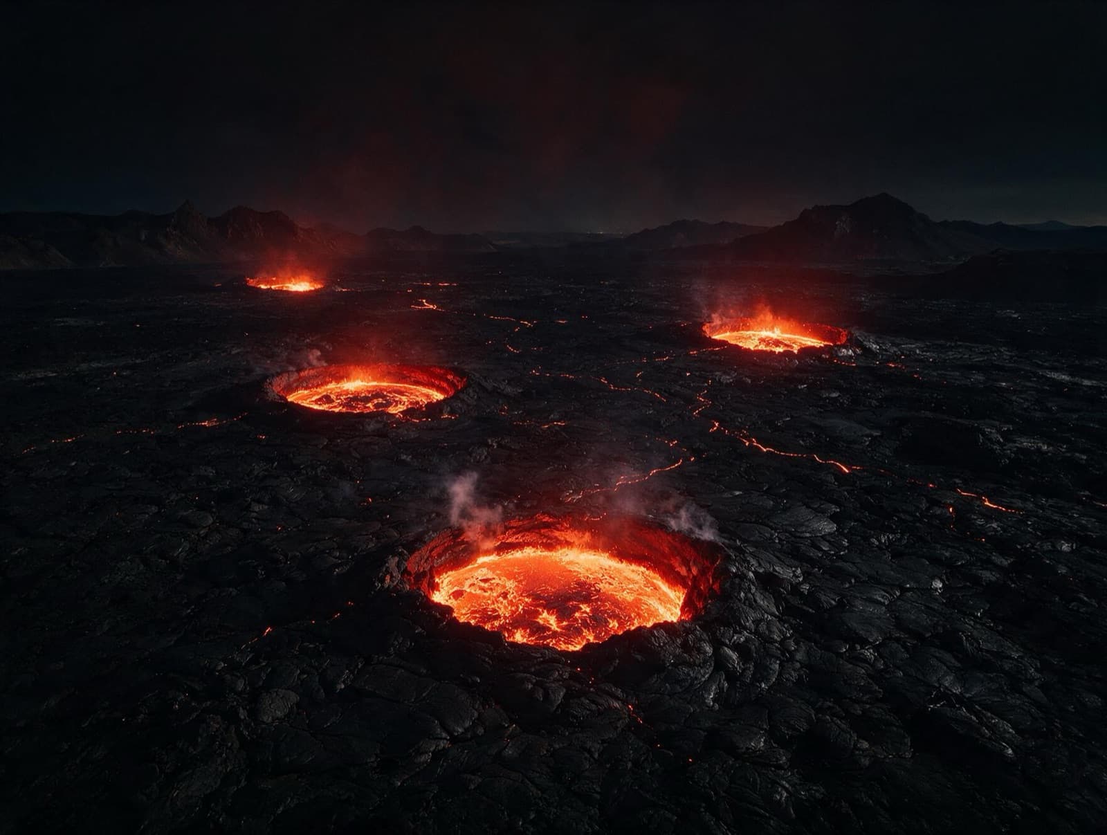 Cuatro cráteres de lava incandescente repartidos por una llanura volcánica oscura, como ciudades encendidas en un mapa nocturno