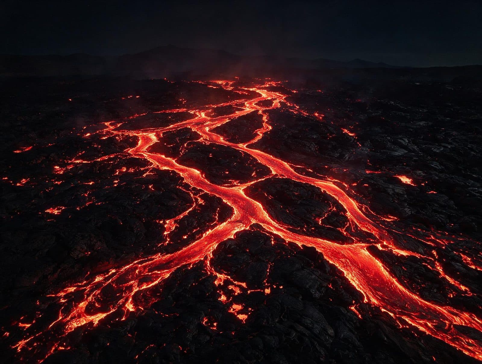 Ríos de lava ramificándose sobre un campo de roca volcánica oscura, como las pistas de un circuito