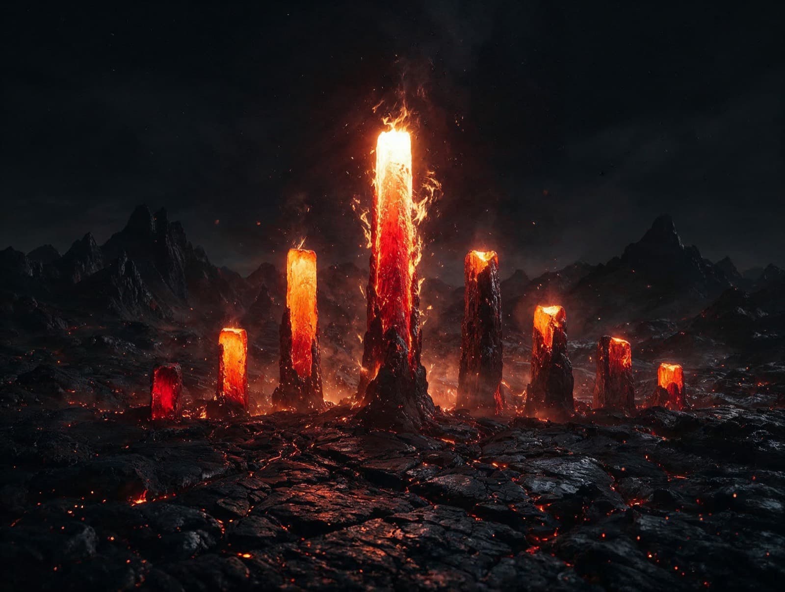 Columnas de lava de distintas alturas emergiendo de un paisaje volcánico, como un ranking