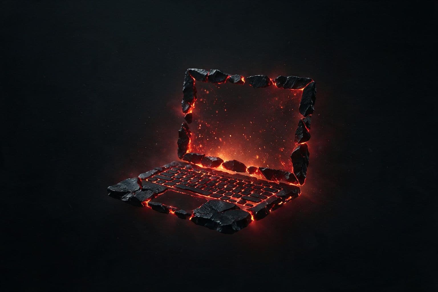 Portátil de obsidiana con pantalla de lava, representando Software & Web IA