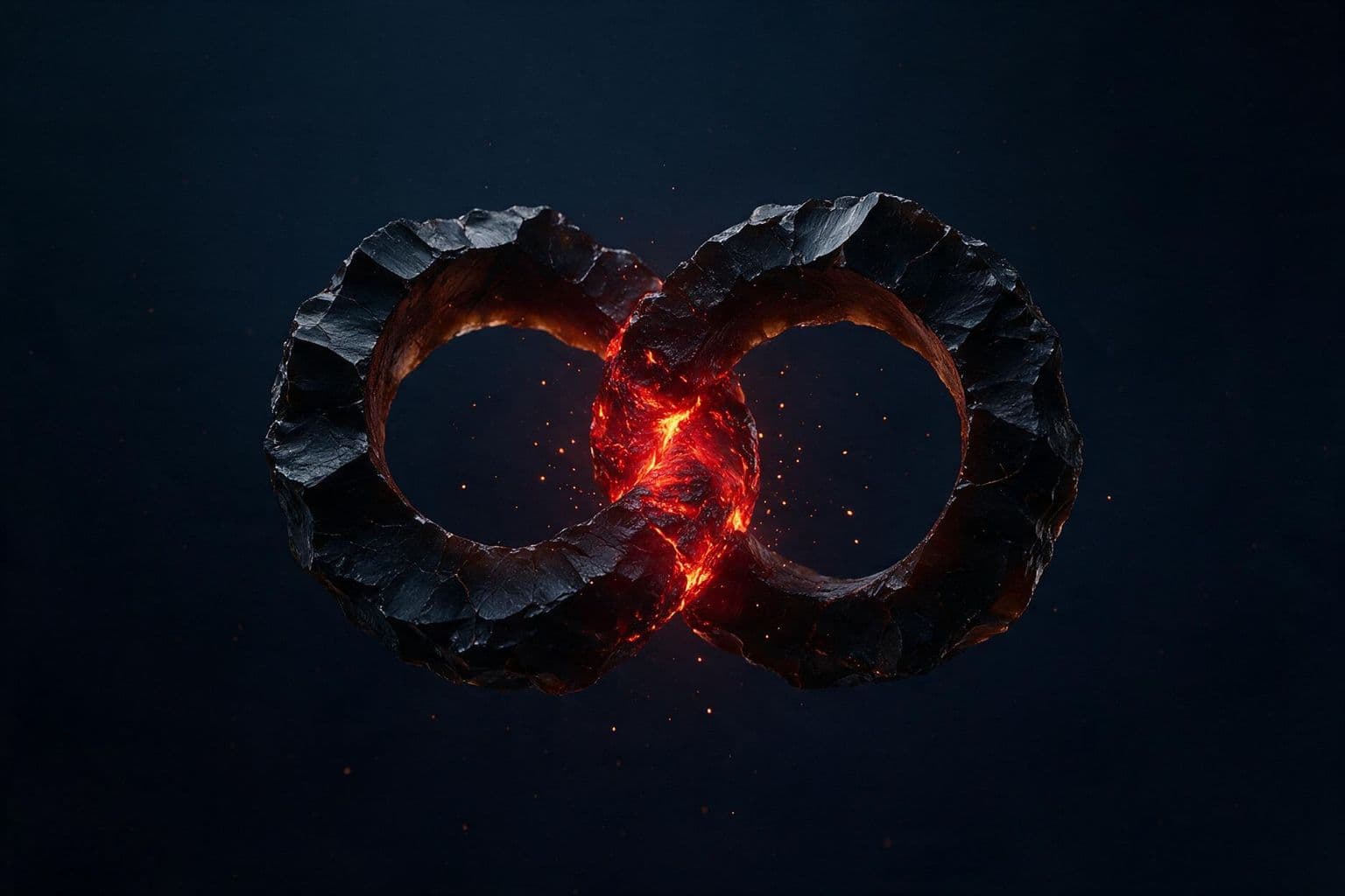Two interlocking obsidian rings joined by molten lava