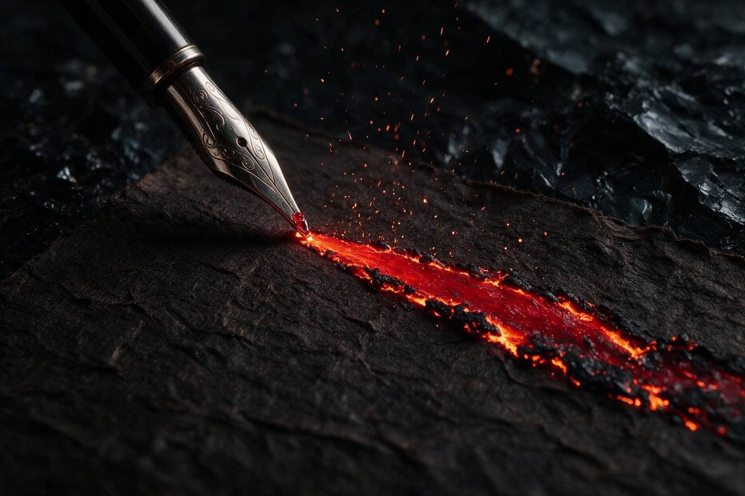 Fountain pen writing a stroke of molten lava