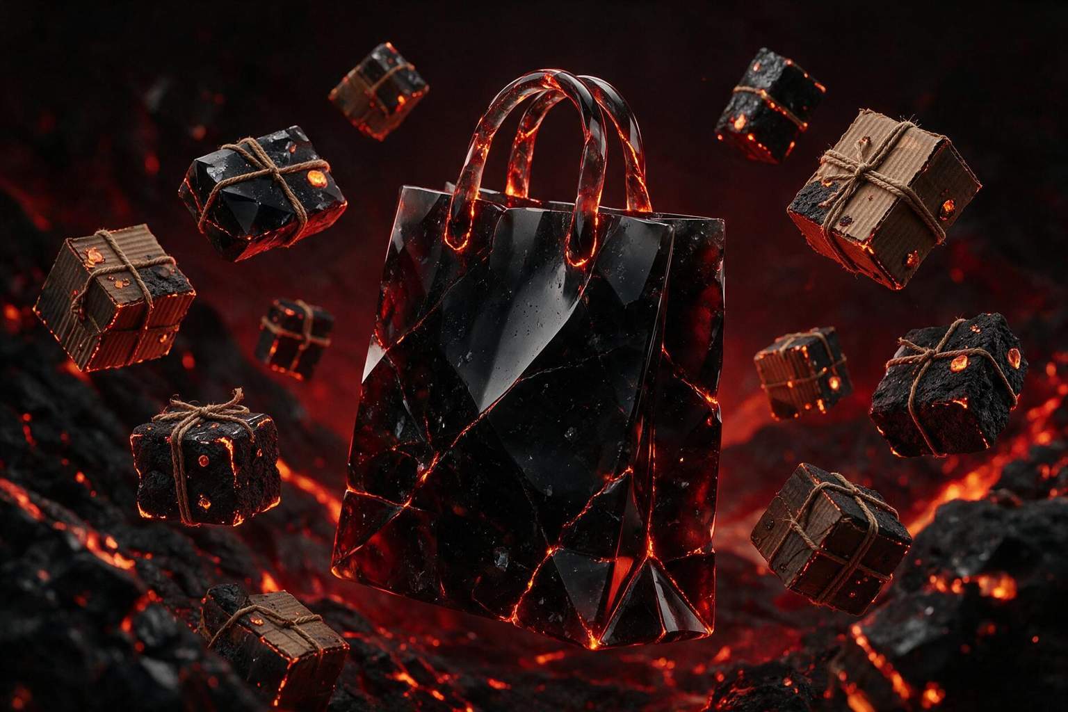 Obsidian shopping bag with parcels floating among lava