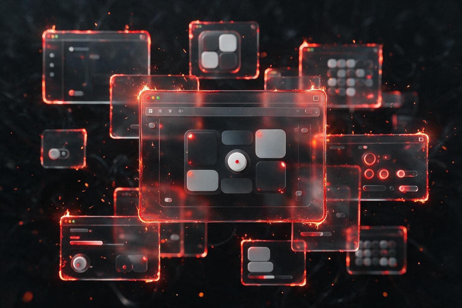 Software interface panels rimmed with glowing lava