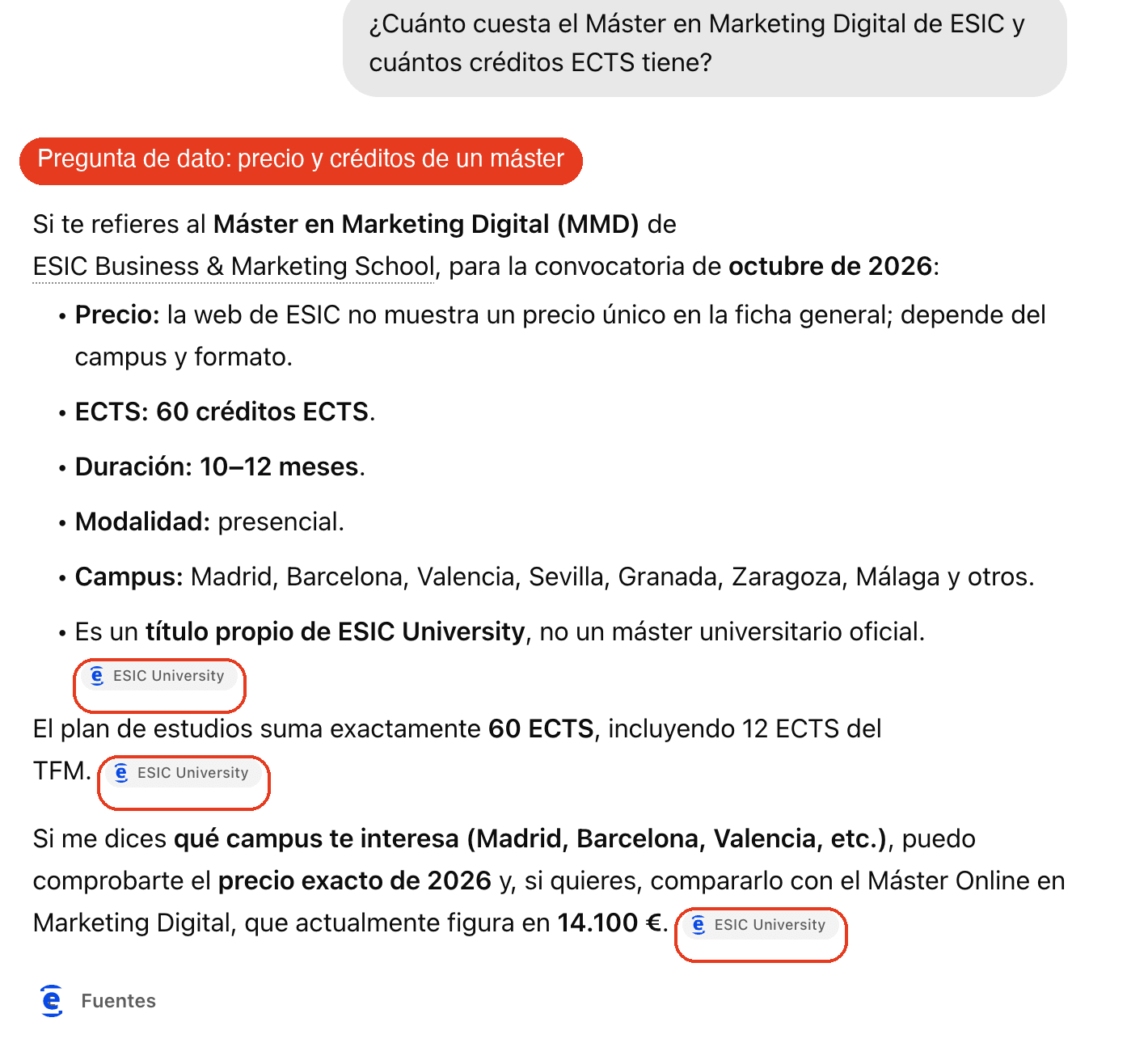 Captura real de ChatGPT respondiendo cuánto cuesta y cuántos créditos tiene un máster, citando tres veces la web oficial de ESIC