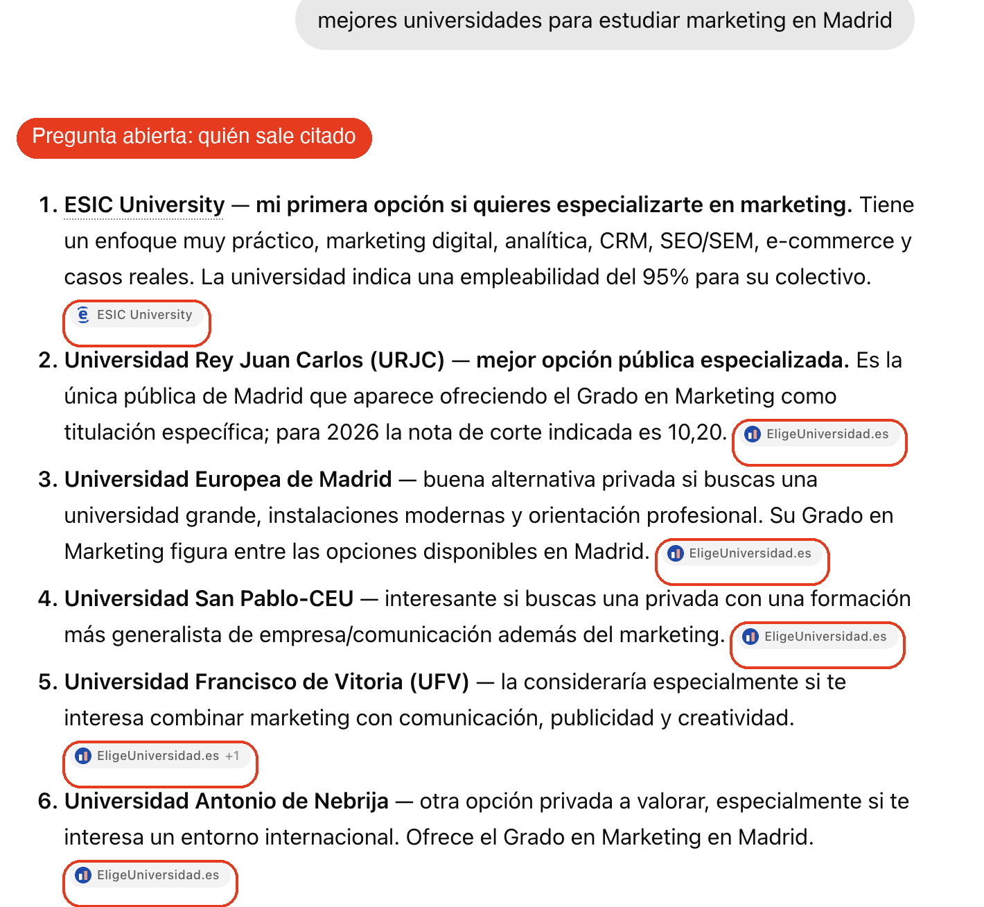 Captura real de ChatGPT con las fuentes citadas al recomendar universidades: EligeUniversidad.es y la web de ESIC, ningún foro