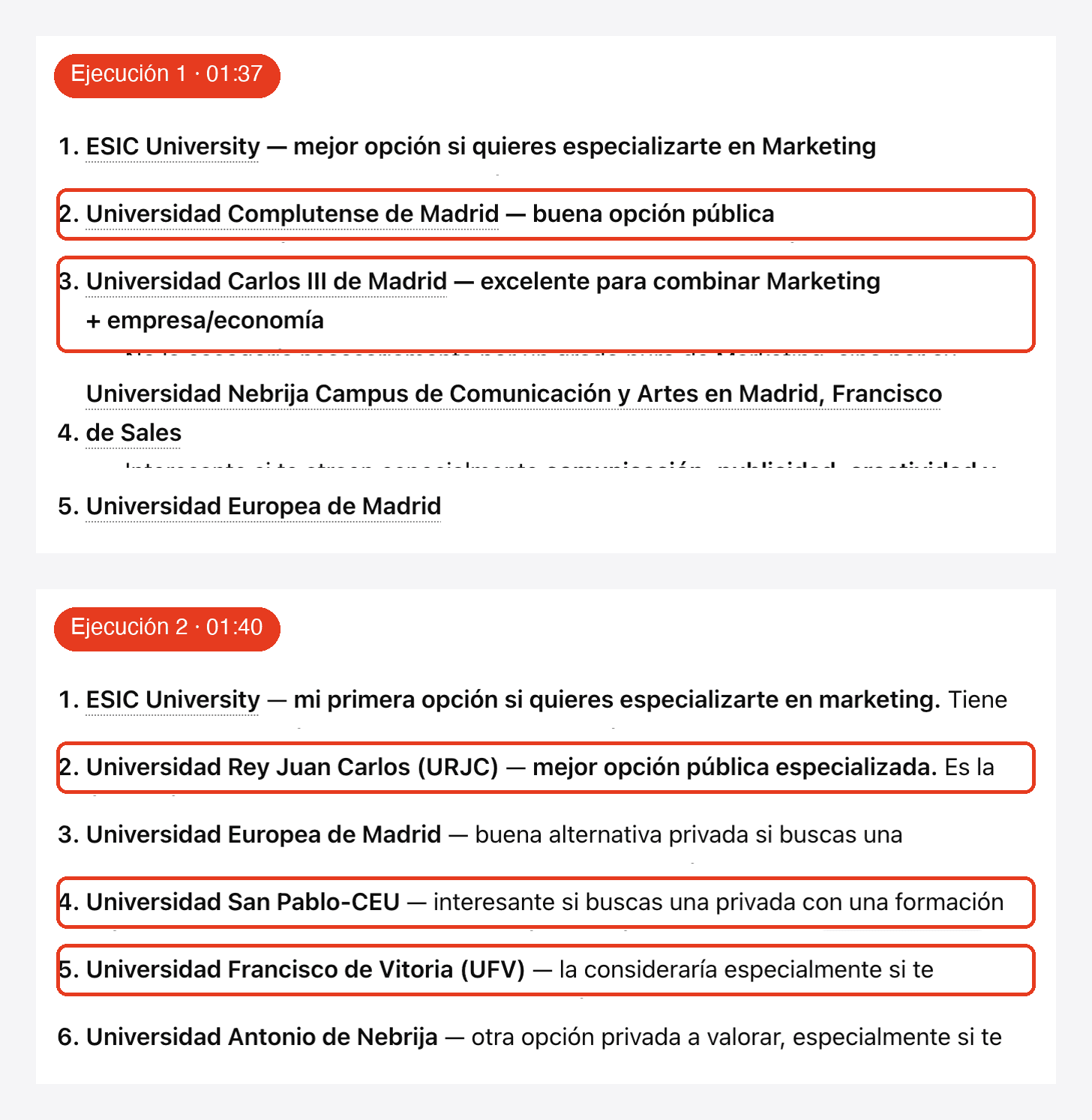 Dos respuestas reales de ChatGPT a «mejores universidades para estudiar marketing en Madrid» con tres minutos de diferencia; en rojo, los centros que solo aparecen en una de las dos