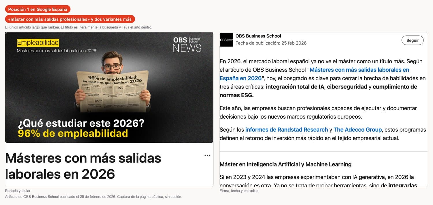 Artículo de LinkedIn Pulse de OBS Business School «Másteres con más salidas laborales en 2026», en posición 1 de Google España para «máster con más salidas profesionales»