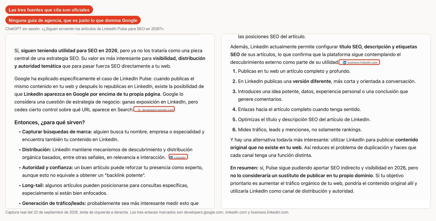 Respuesta de ChatGPT sobre si LinkedIn Pulse sirve para SEO en 2026, con las tres fuentes que cita marcadas: developers.google.com, linkedin.com y business.linkedin.com
