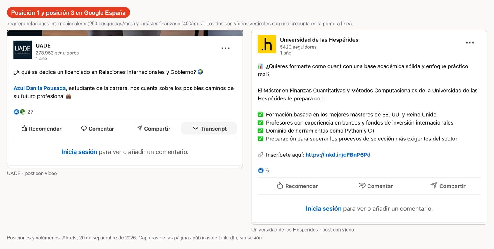 Dos posts de LinkedIn con vídeo que rankean en Google España: UADE en posición 1 para «carrera relaciones internacionales» y la Universidad de las Hespérides en posición 3 para «máster finanzas»