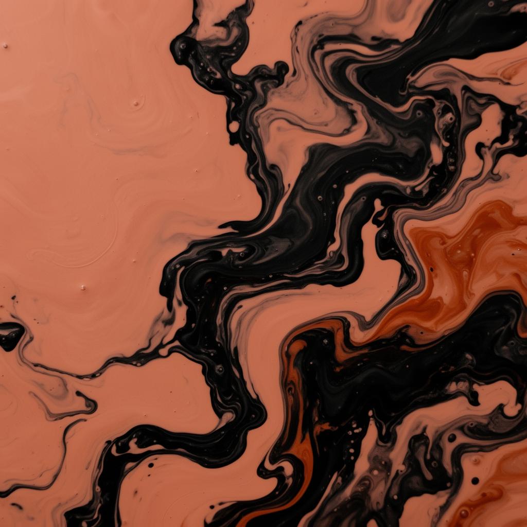 Pintura fluida en negro cálido con vetas magma, representando Transformación AI-First